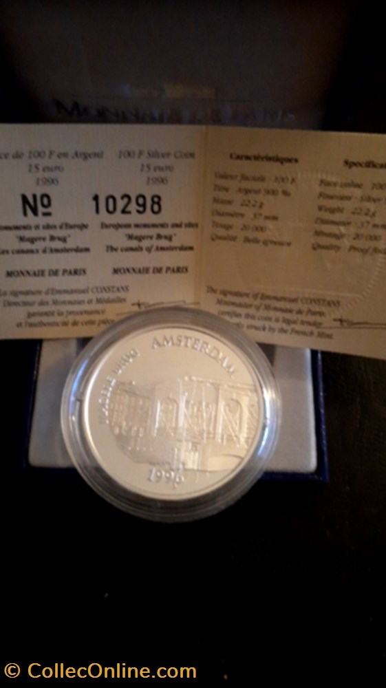 100 francs 15 Euros BE 1996 Les cannaus d'Amsterdam monnaie 100 francs 15 euros be 1996 les cannaus amsterdam