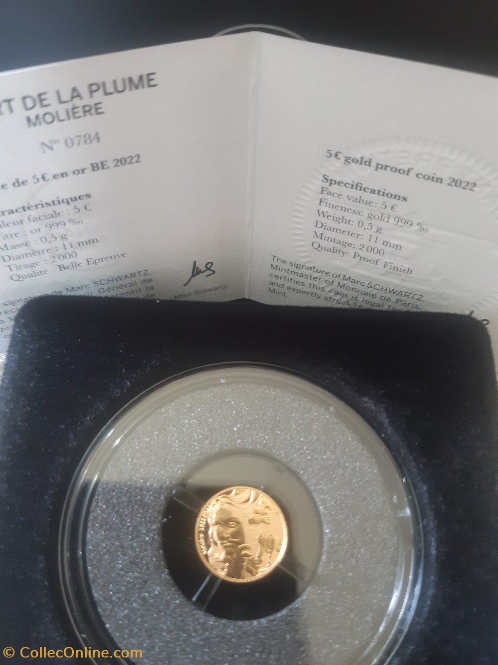 monnaies euros 5 euro or 2022 be art de la plume moliere