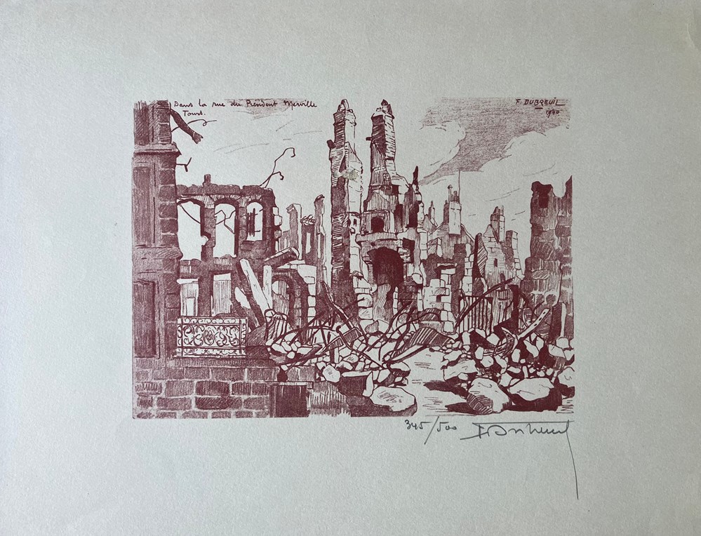 art antiquites estampes gravures gravure sur bois tours dans la rue du president merville ferdinand dubreuil 1940