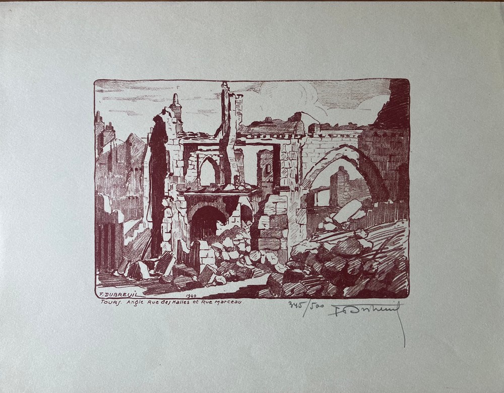 art antiquites estampes gravures gravure sur bois tours angle rue des halles et rue marceau ferdinand dubreuil 1940
