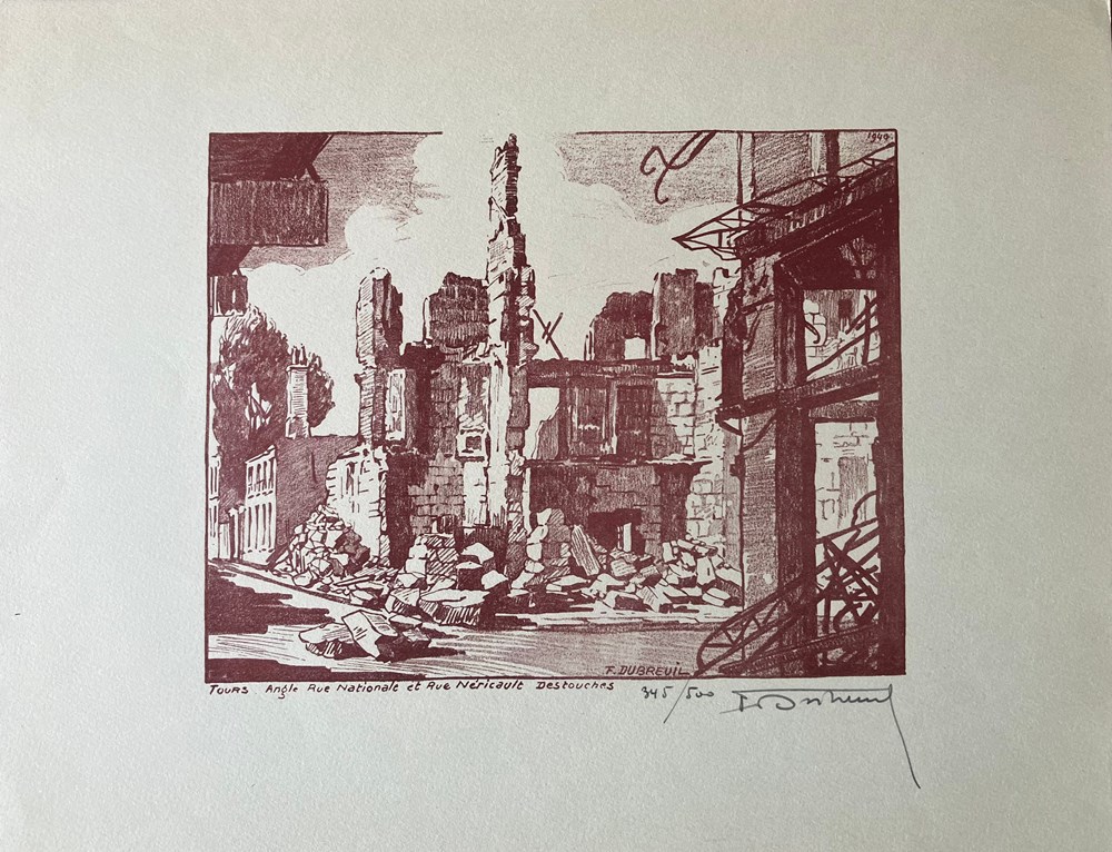art antiquites estampes gravures gravure sur bois tours angle rue nationale rue nericault destouches ferdinand dubreuil 1940