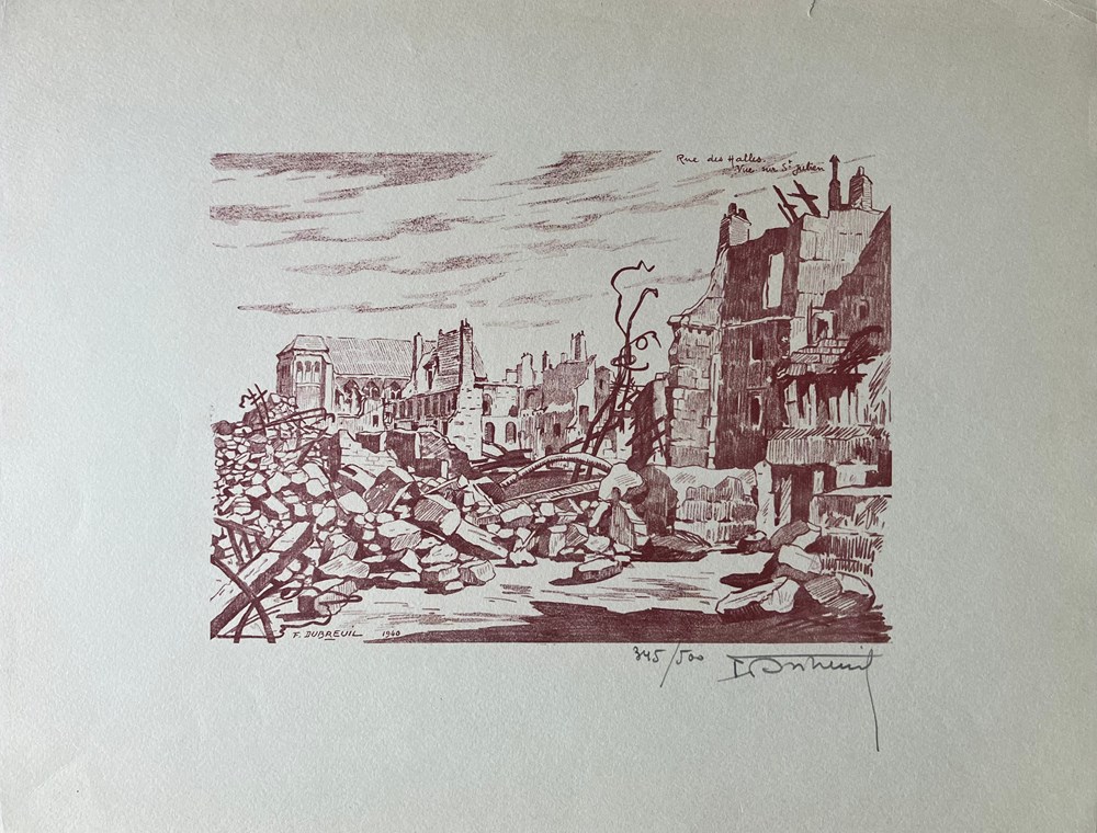 TOURS - Rue des Halles vue sur St Julien - Ferdinand DUBREUIL- 1940 art antiquites estampes gravures gravure bois tours rue des halles vue sur st julien ferdinand dubreuil 1940