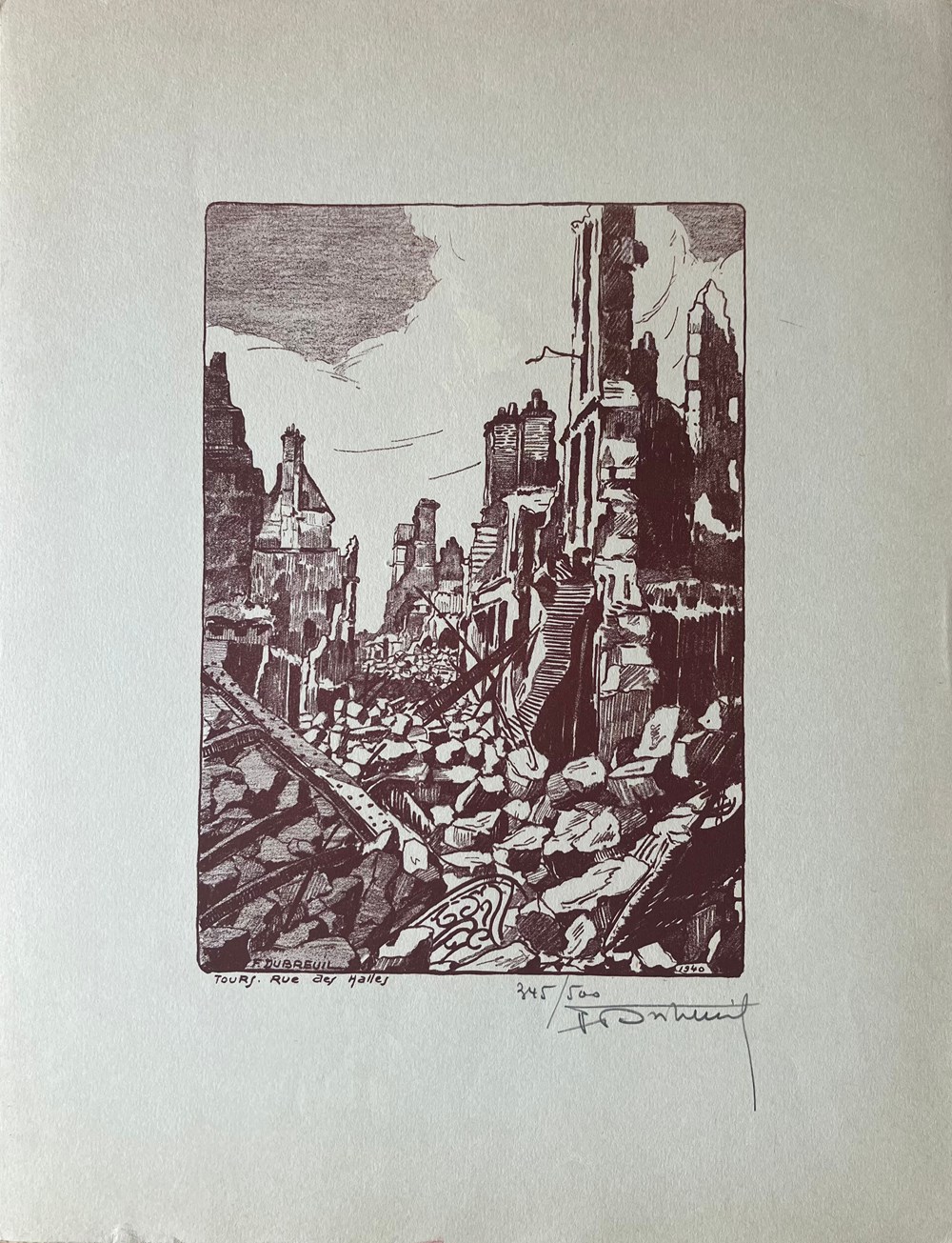 art antiquites estampes gravures gravure sur bois tours dans la rue des halles ferdinand dubreuil 1940