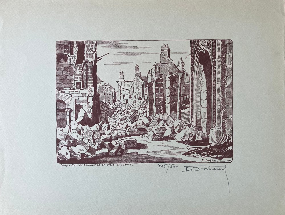 TOURS - rue du commerce et Place de Beaune - Ferdinand DUBREUIL - 1940 art antiquites estampes gravures gravure sur bois tours rue du commerce et place de beaune ferdinand dubreuil 1940