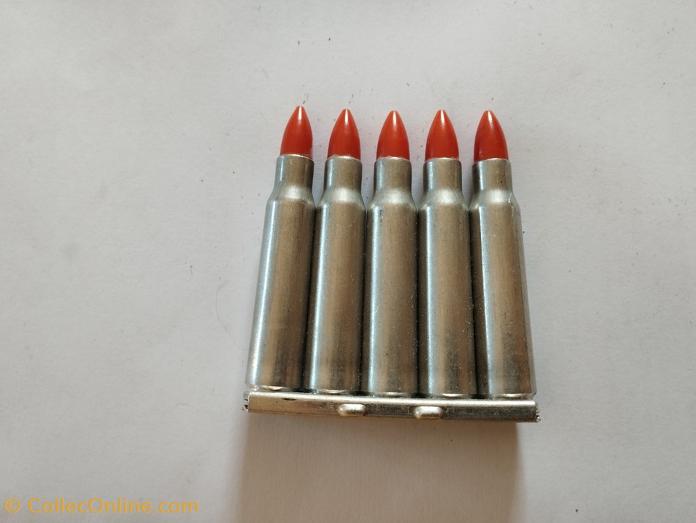 militaria munitions lame chargeur garnie de 5 cartouches de 7 5x54 mas a tir reduit modele f1 balplast