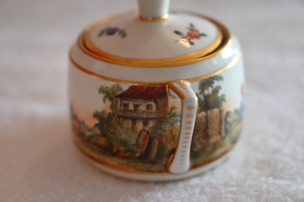 Verseuse, pot à lait sucrier peints de décors et personnages champêtres 3 art table argenterie service the cafe tasses mugs verseuse pot a lait sucrier peints de decors et personnages champetres