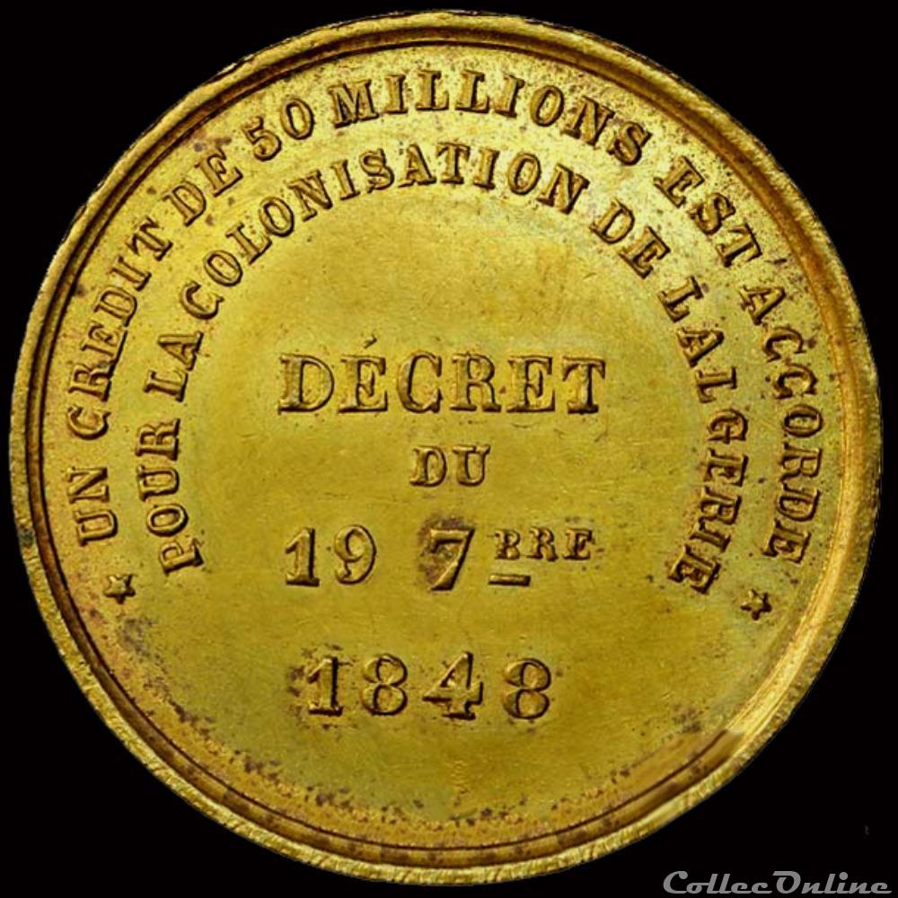 19 Septembre 1848 - Décret de colonisation de l'Algérie, départ des colons les 8 et 27 Octobre 3 medaille france revolution 19 septembre 1848 decret de colonisation de algerie depart des colons les 8 et 27 octobre