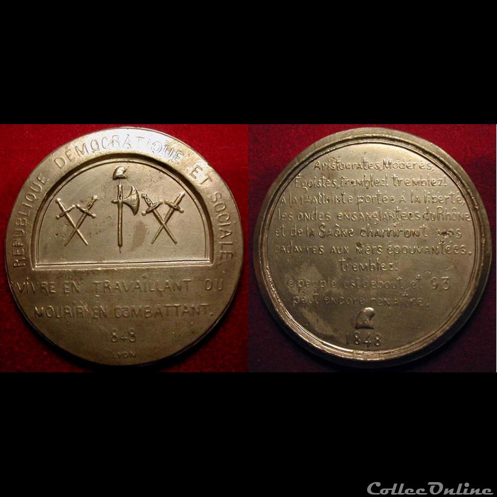 Avril, Mai, Juin 1848 - Luttes socialistes (Lyon) medaille france revolution de avril mai juin 1848 luttes socialistes lyon