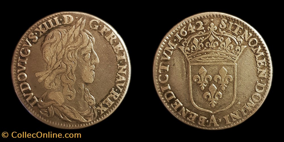 Louis XIII - Quart d'Écu 1642 A Paris 2e Type monnaies europe medievale france royales louis xiii quart ecu 1642 a paris 2e type