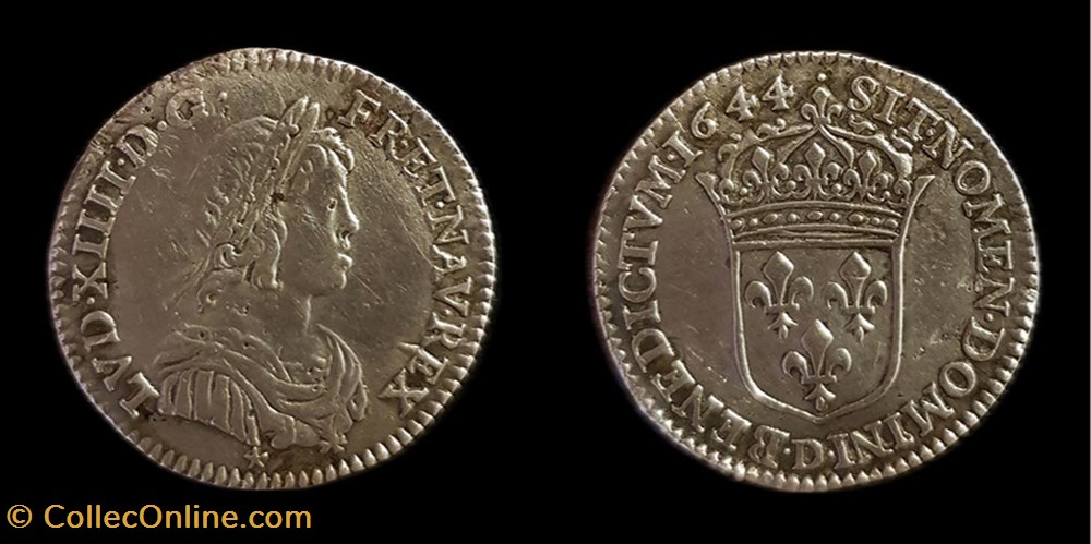 Louis XIV - 1/12e Écu à la mèche courte 1644 D Lyon monnaies europe medievale france royales louis xiv 1 12e ecu a la meche courte 1644 d lyon