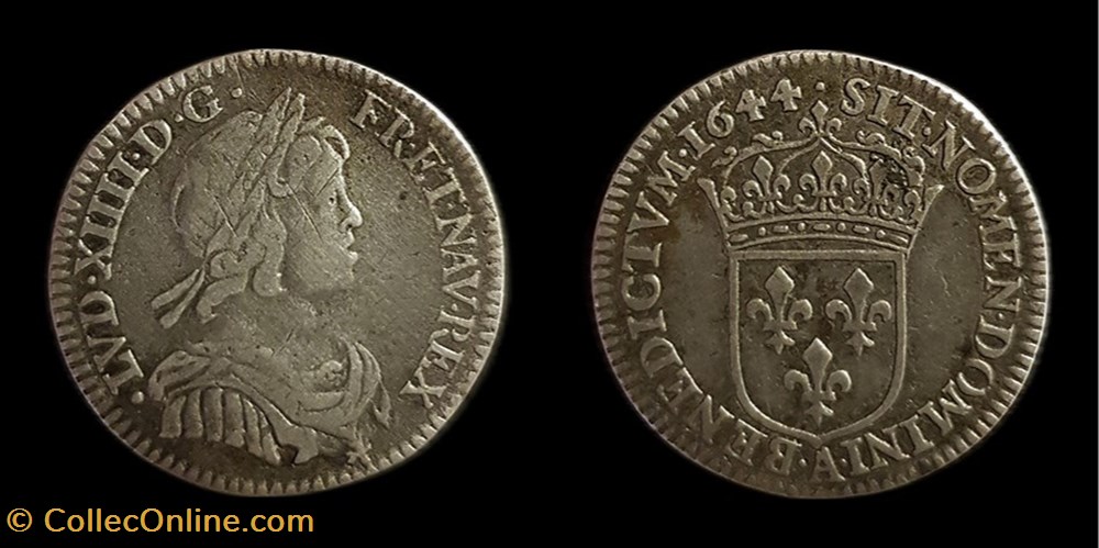Louis XIV - 1/12e Écu à la mèche courte 1644 A Paris monnaies europe medievale france royales louis xiv 1 12e ecu a la meche courte 1644 a paris