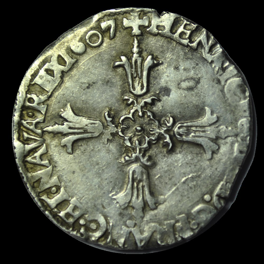 HENRI IV 1/4 d'écu, croix feuillue de face 1607 T monnaies henri iv 1 4 ecu croix feuillue de face 1607 t