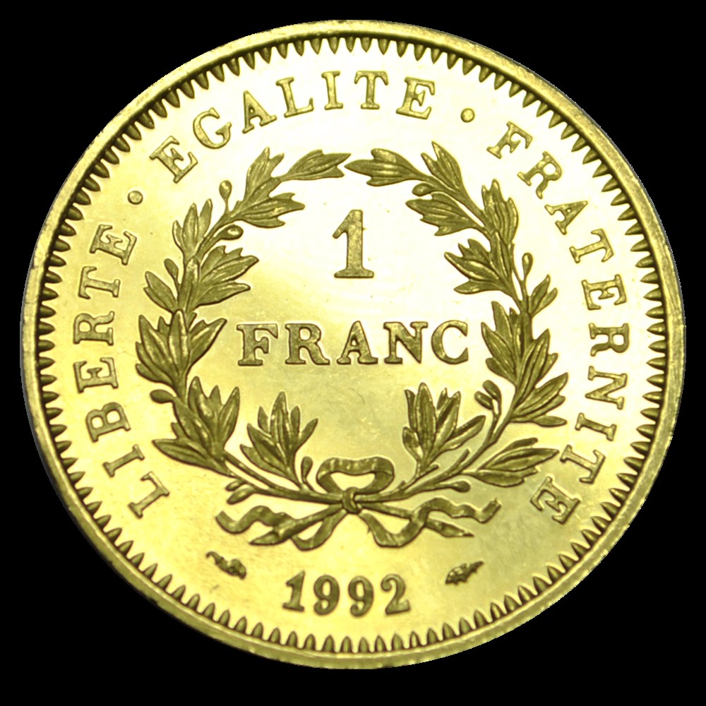 Cinquième République - 1 franc or - 1992 monnaies cinquieme republique 1 franc or 1992