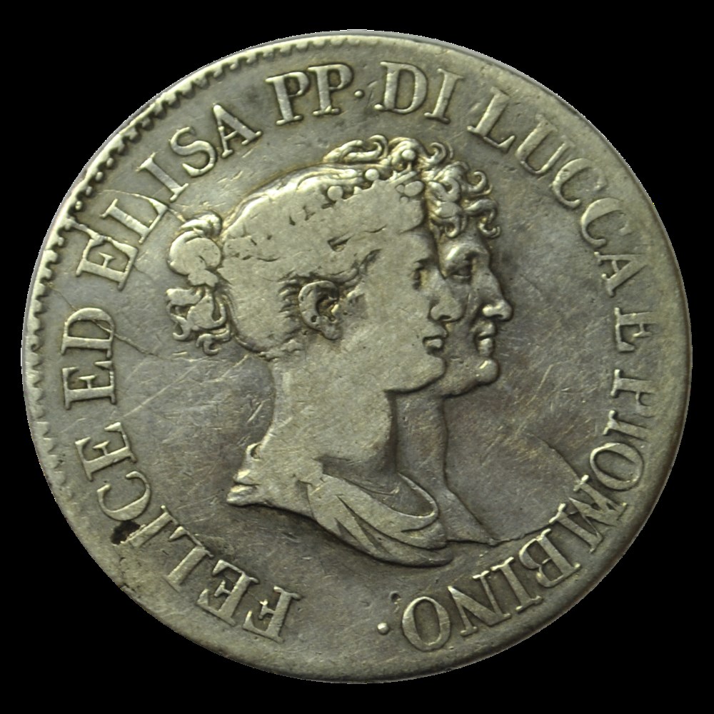 PRINCIPAUTÉ DE LUCQUES ET PIOMBINO - FÉLIX BACCIOCHI et ÉLISA BONAPARTE 5 Franchi 1808 Florence monnaies principaute de lucques et piombino felix bacciochi et elisa bonaparte 5 franchi 1808 florence
