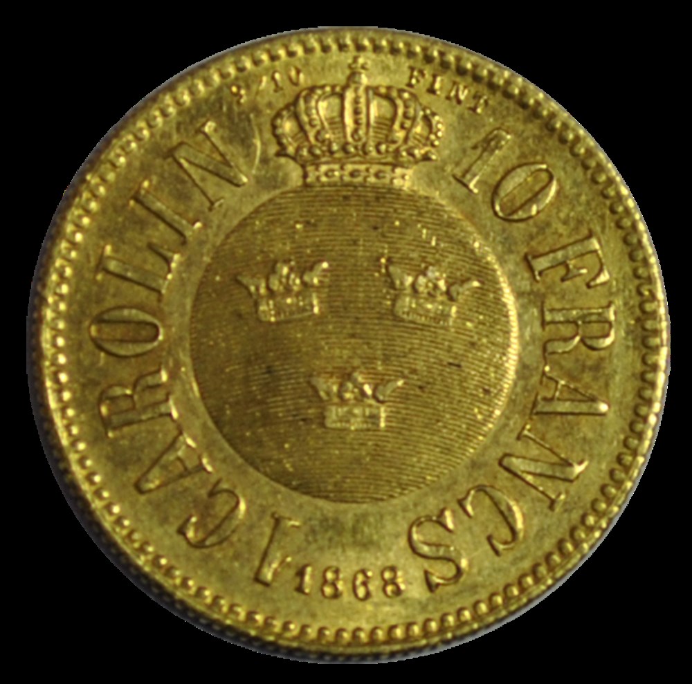 SUÈDE 1 Carolin ou 10 Francs or Charles XV 1868 Stockholm monnaies suede 1 carolin ou 10 francs or charles xv 1868 stockholm