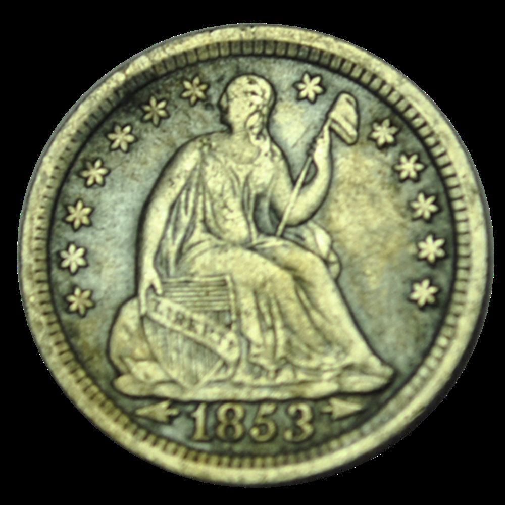 1/2 Dime Liberté assise variété avec date encadrée par des flèches 1853 Philadelphie monnaies 1 2 dime liberte assise variete avec date encadree par des fleches 1853 philadelphie