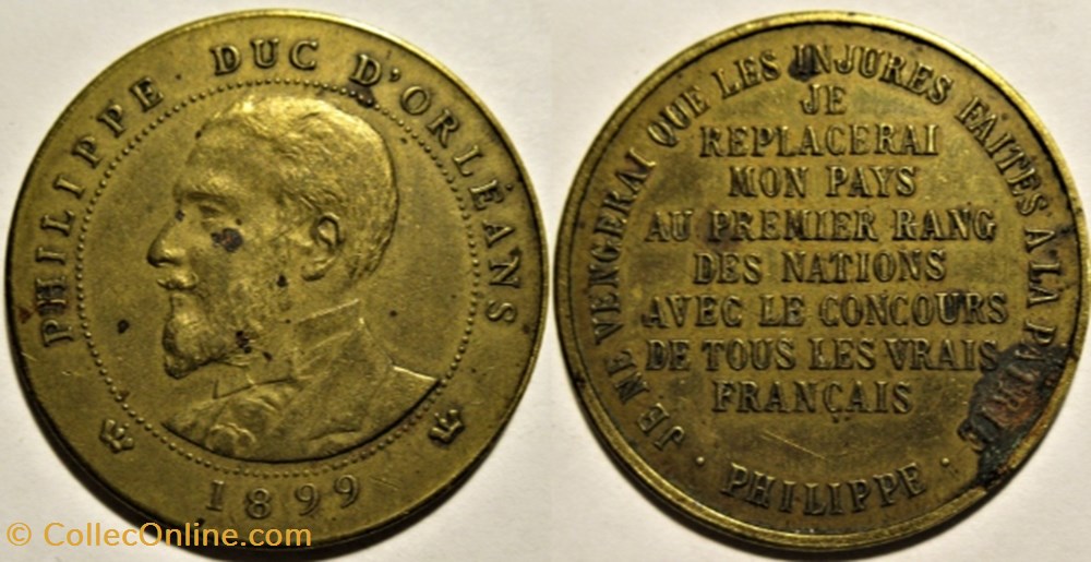 Philippe Duc d'Orleans, Prétendant au trône, 1899 Médaille module 10 Cts medailles france royaux de noblesse philippe duc orleans pretendant au trone 1899 medaille module 10 cts