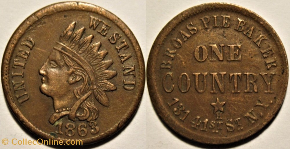 Civil War 1863 - Merchant Token, Broa's Pie Baker - New York, USA monnaies paranumismatique jetons poids civil war 1863 merchant token broa s pie baker new york usa