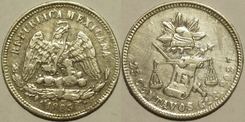 monnaies monde mexique mexico 25 centavos 1883 go error