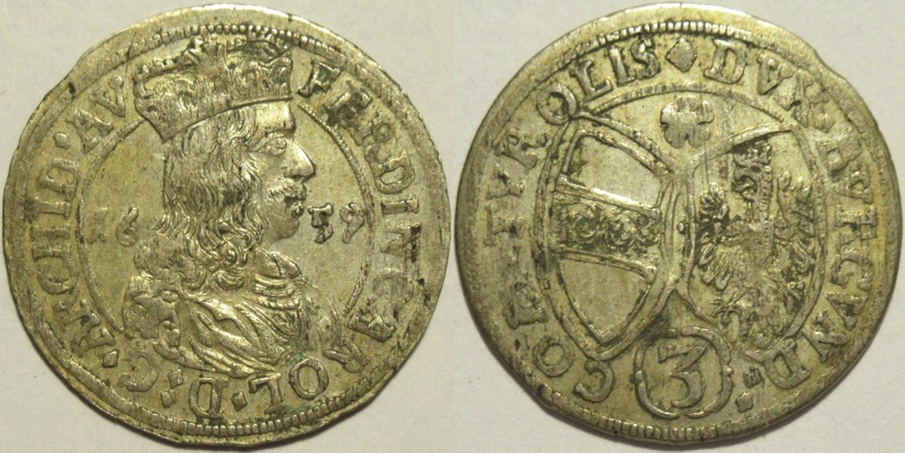 monnaies europe medievale saint empire romain germanique 1659 county of tyrol 3 kreuzer ferdinand karl