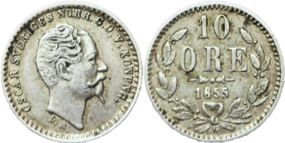 Sweden - Oscar I - 10 Öre 1855 monnaies monde suede sweden oscar i 10 ore 1855