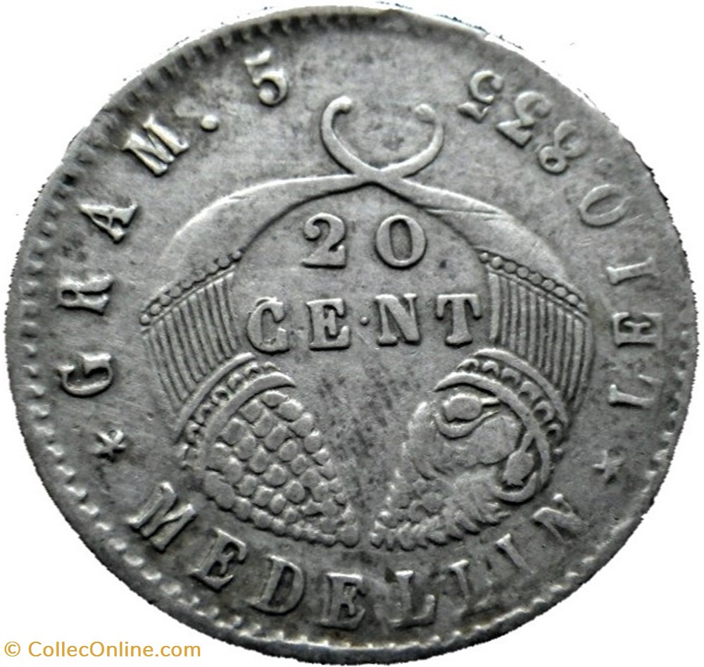 20 Centavos 1876 Medellin monnaie monde colombie 20 centavos 1876 medellin