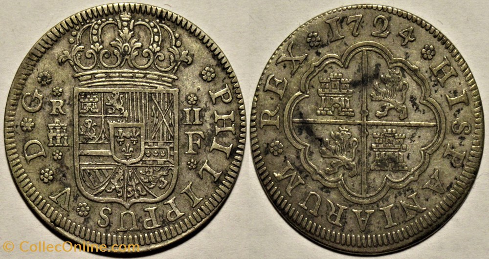 1724 Segovia, 2 Reales - Felipe V de España monnaies europe medievale royaume espagne 1724 segovia 2 reales felipe v de espana