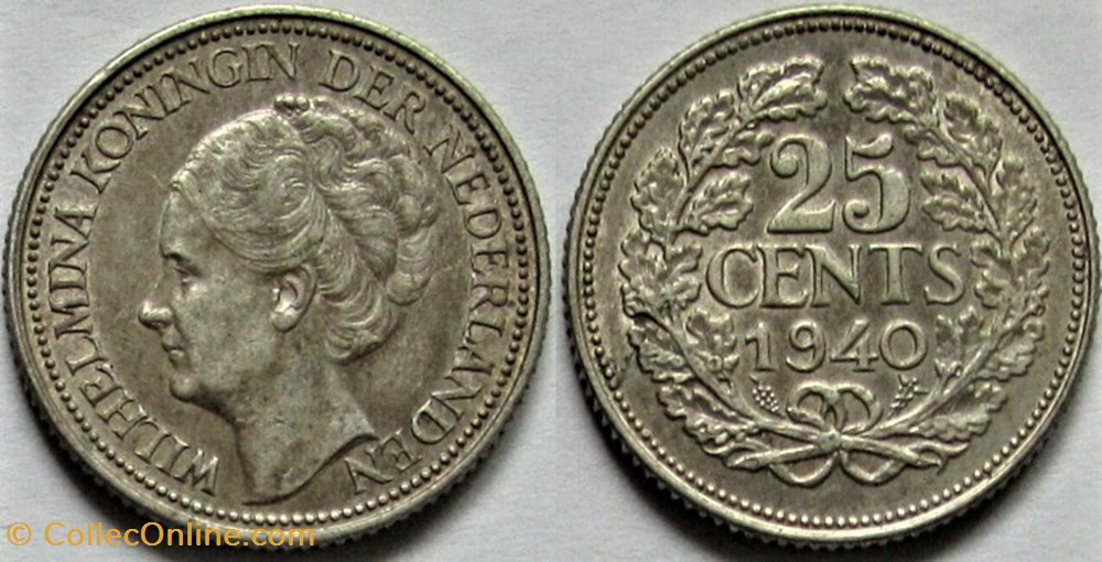 Wilhelmina of Netherlands - 25 Cents 1940 monnaies monde pays bas wilhelmina of netherlands 25 cents 1940