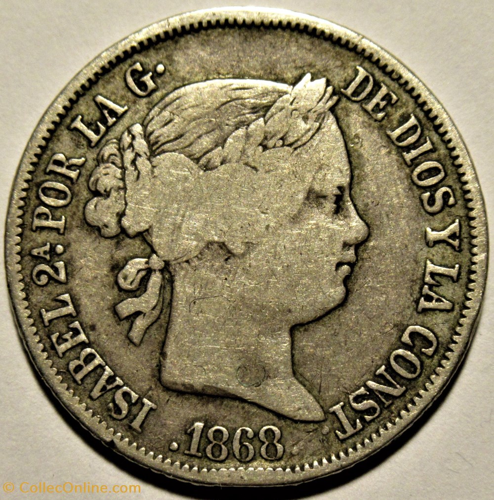 1868 Filipinas - 20 Céntimos - Isabel II de España - Error 2 monnaies monde espagne 1868 filipinas 20 centimos isabel ii de espana error