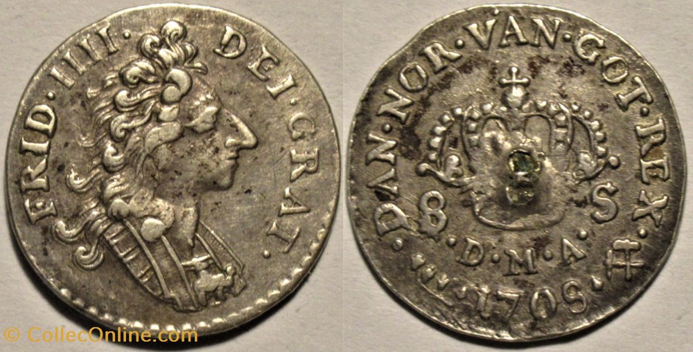 Frederik IV of Denmark - 8 Skilling 1708, Norway monnaies europe medievale norvege frederik iv of denmark 8 skilling 1708 norway