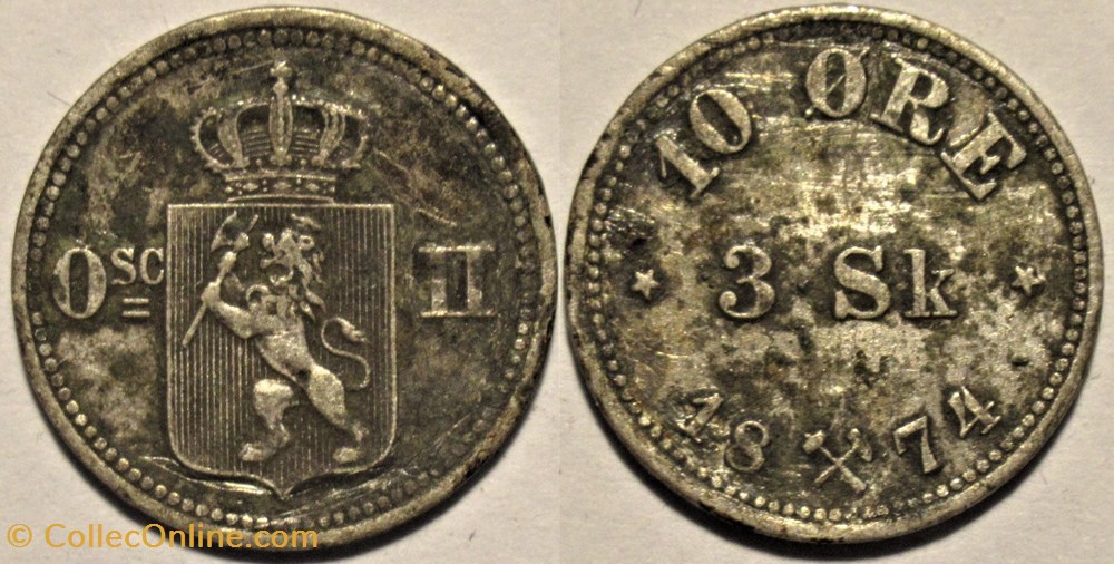 Oskar II - 10 Øre / 3 Skilling 1874 Norway monnaies monde norvege oskar ii 10 re 3 skilling 1874 norway