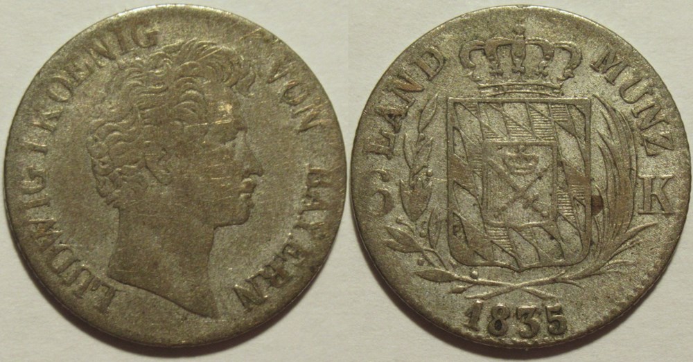 Ludwig I - 6 Kreuzer 1835 - Kingdom of Bavaria monnaies europe medievale saint empire romain germanique ludwig i 6 kreuzer 1835 kingdom of bavaria