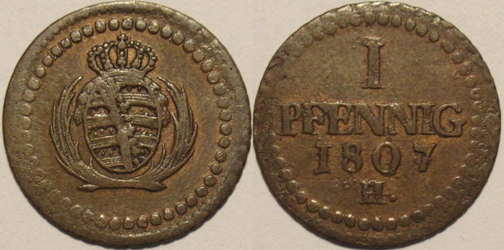 Friedrich August I - 1 Pfennig 1807, Kingdom of Saxony monnaies europe medievale saint empire romain germanique friedrich august i 1 pfennig 1807 kingdom of saxony