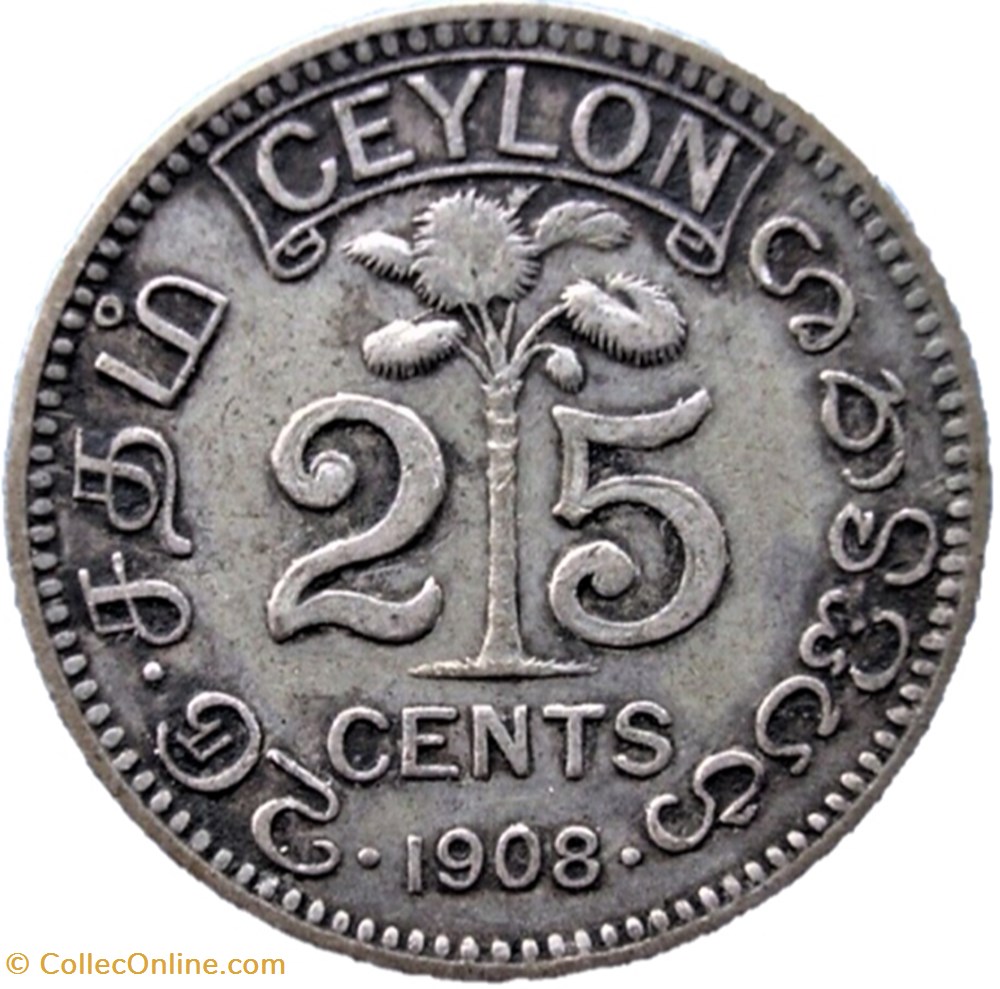 Edward VII - 25 Cents 1908 - Ceylon 3 monnaies monde sri lanka edward vii 25 cents 1908 ceylon