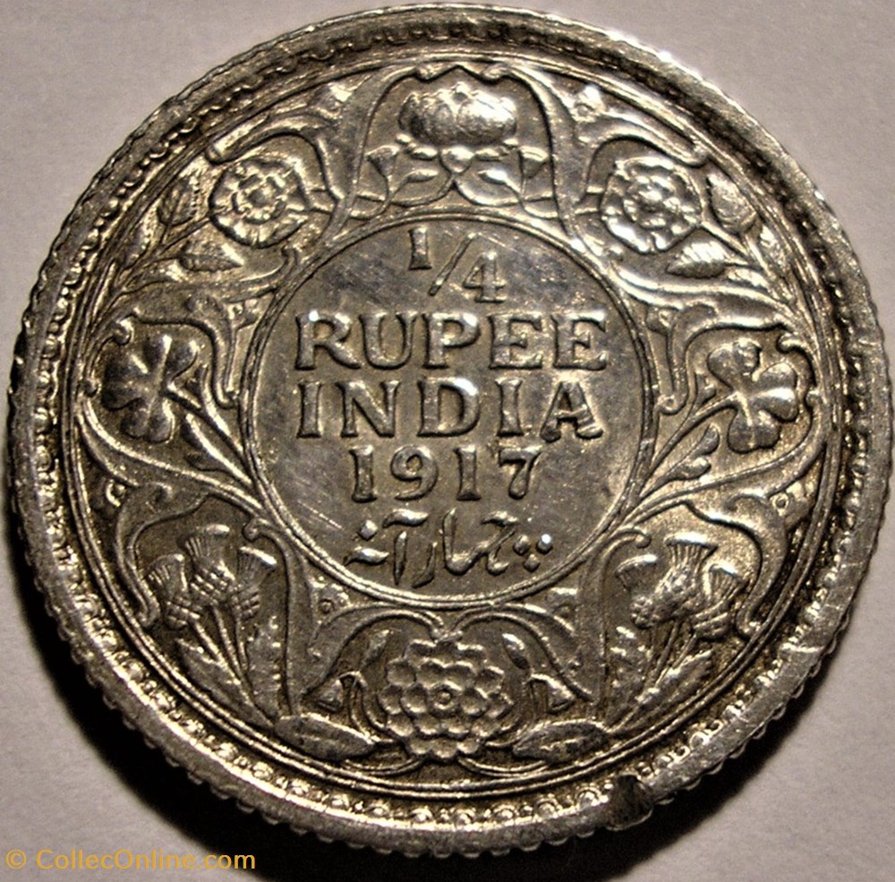 George V - 1/4 Rupee 1917 Calcutta - British India (ex.2) monnaies monde inde george v 1 4 rupee 1917 calcutta british india ex 2