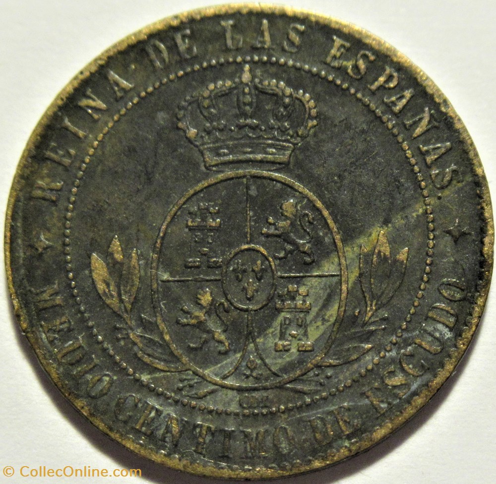 1868 Jubia - ½ Centimo - Isabel II España (ex.2) 3 monnaies monde espagne 1868 jubia centimo isabel ii espana ex 2