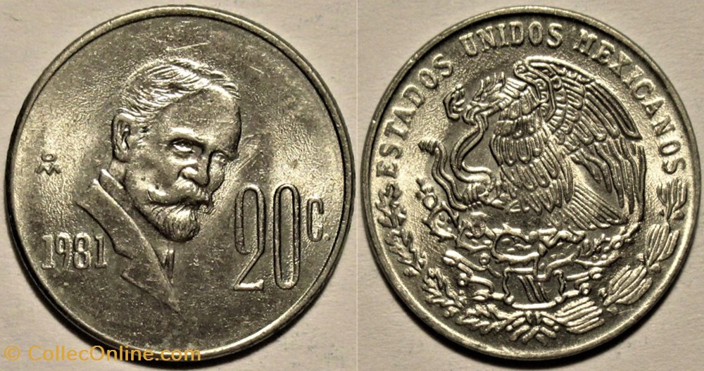 México 1981 - 20 Centavos, F.I. Madero - E.U Mexicanos monnaies monde mexique mexico 1981 20 centavos f i madero e u mexicanos