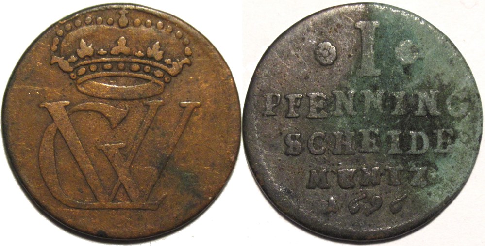 monnaies europe medievale a saint empire romain germanique georg ii wilhelm 1 pfennig 1696 duchy of brunswick luneburg celle