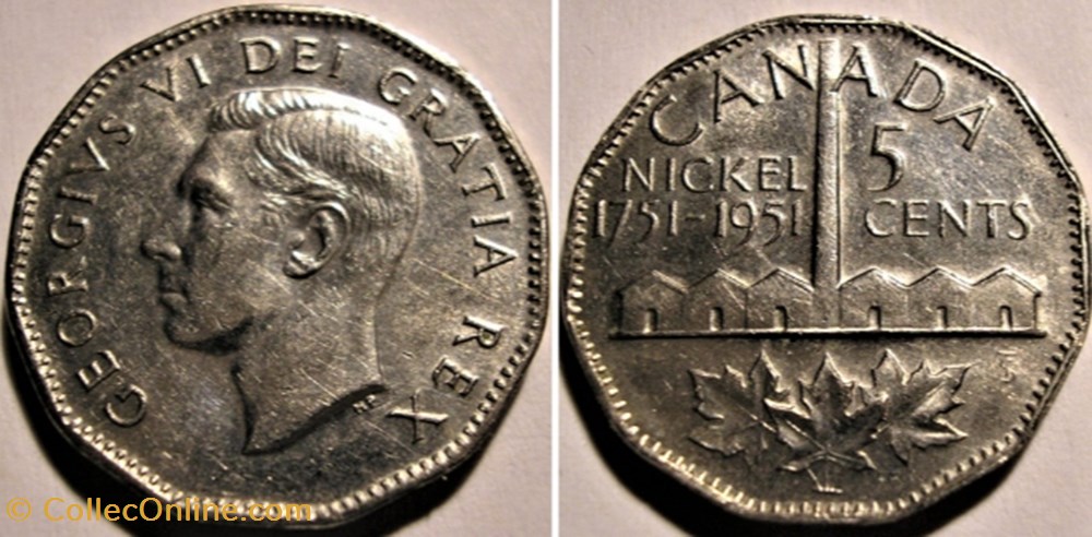 George VI - Five Cents 1951 - Discovery of Nickel (1751) monnaie monde canadum george vi five cents 1951 discovery of nickel 1751