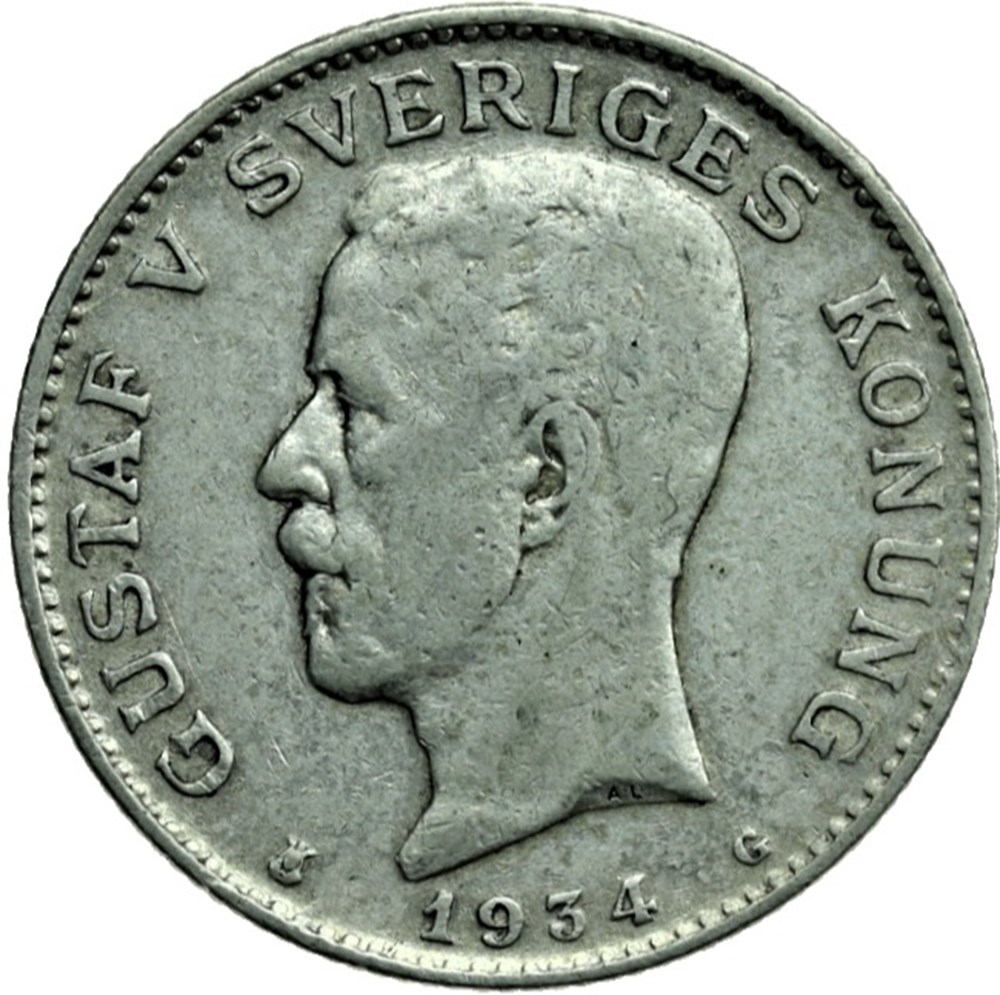 Gustaf V of Sweden - 1 Krona 1934 monnaies monde suede gustaf v of sweden 1 krona 1934