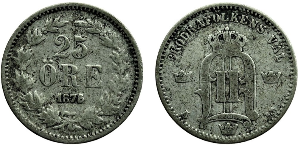 Sweden - Oskar II - 25 Öre 1875/4 - Overdate monnaies monde suede sweden oskar ii 25 ore 1875 4 overdate
