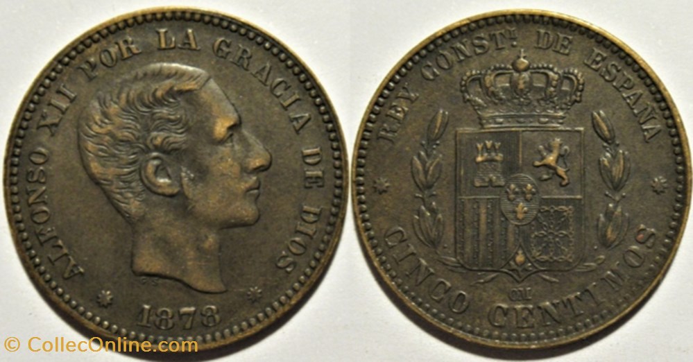 monnaies monde espagne 1878 barcelona 5 centimos alfonso xii de espana