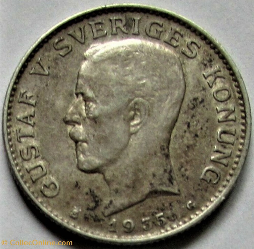 Gustaf V of Sweden - 1 Krona 1935 2 monnaies monde suede gustaf v of sweden 1 krona 1935