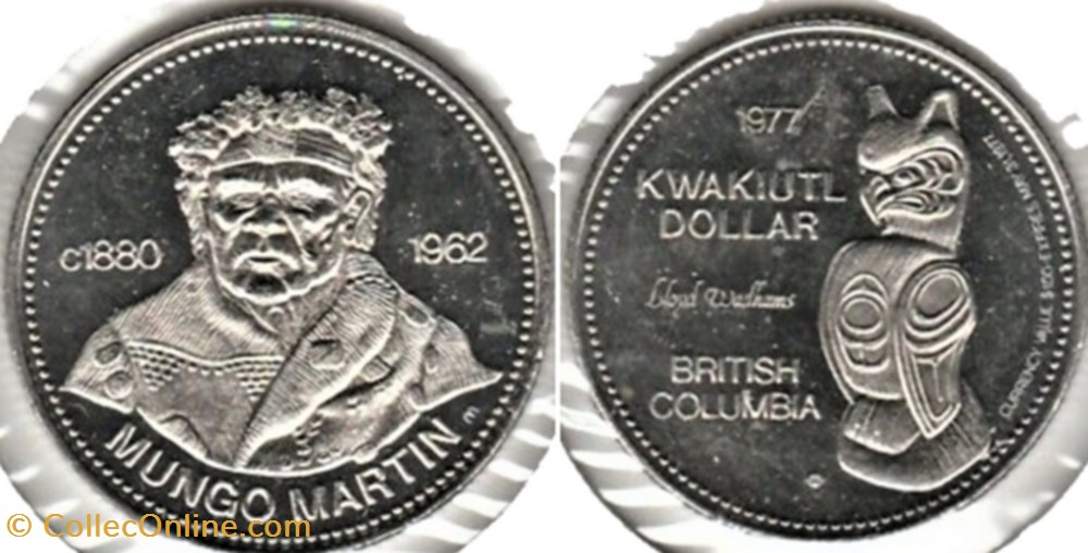 monnaies jetons mereaux kwakuitl trade dollar token 1977 british colombia