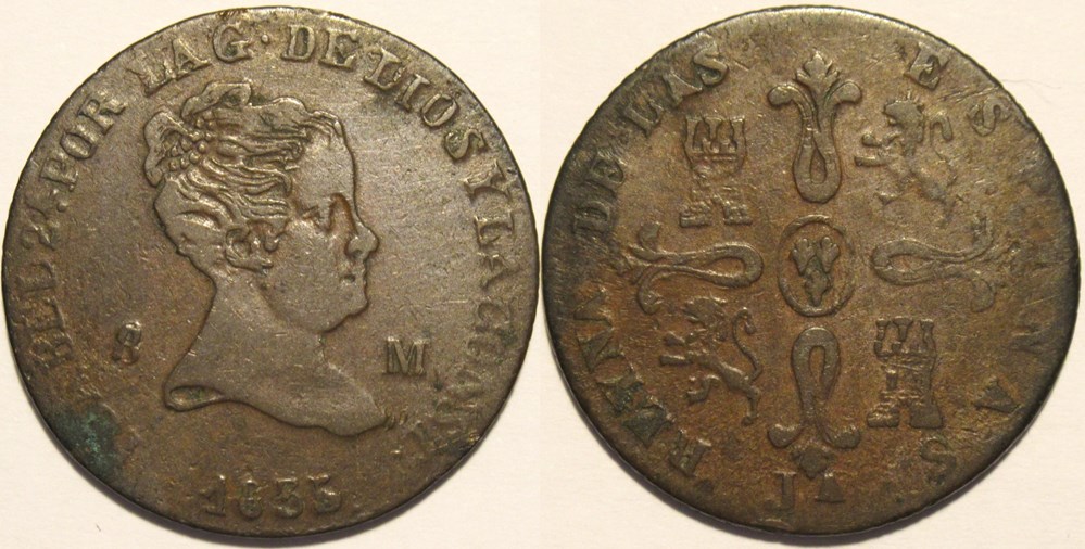 1835 Jubia, 8 Maravedis - Isabel II España monnaies monde espagne 1835 jubia 8 maravedis isabel ii espana