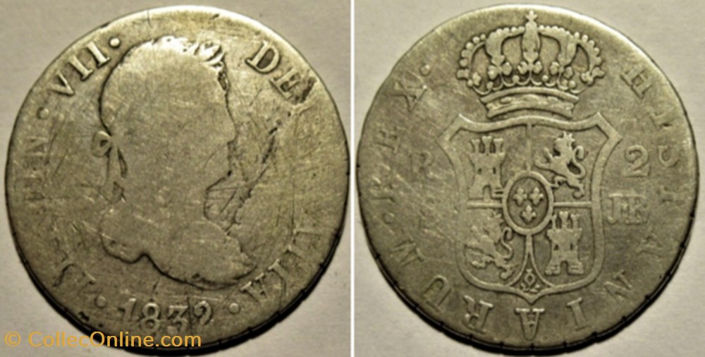1832 Sevilla, 2 Reales - Fernando VII de España monnaies monde espagne 1832 sevilla 2 reales fernando vii de espana