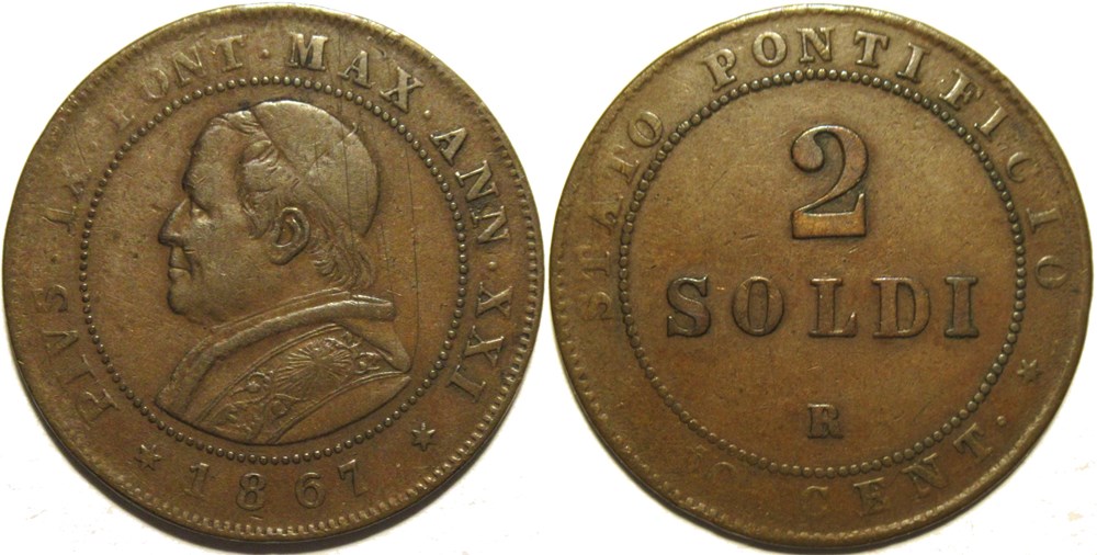 Pio IX, Pope - 2 Soldi 1867, Anno XXI - Roma, Vaticano monnaies monde pio ix pope 2 soldi 1867 anno xxi roma vaticano