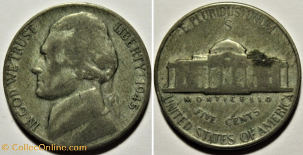 1945 Five Cents S. Francisco ("Jefferson Wartime Nickel") - Error monnaies monde etats unis 1945 five cents s francisco jefferson wartime nickel error