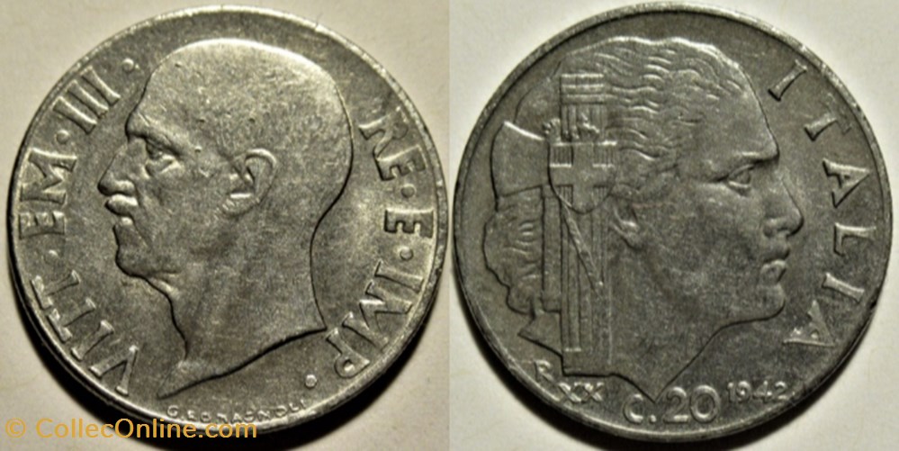 1942 Regno d'Italia, 20 Centesimi, Roma - Vittorio Emanuele III monnaies monde italie 1942 regno italia 20 centesimi roma vittorio emanuele iii