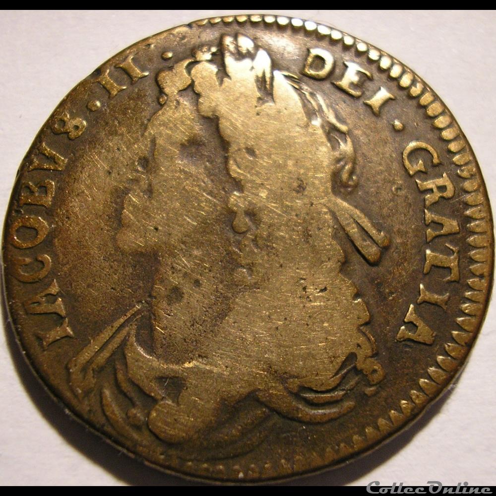 James II Stuart - Half Penny 1685 Kingdom of Ireland 3 monnaies europe medievale royaume angleterre james ii stuart half penny 1685 kingdom of ireland